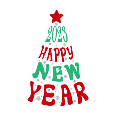 Yılbaşı ağacı, 2023 yılındaki tatil kelimelerinden oluşan metinlerle yazıldı - Vektör illüstrasyonu