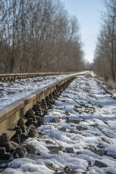 Železniční Tratě Venkovské Scéně Zimě Selektivní Zaměření — Stock fotografie