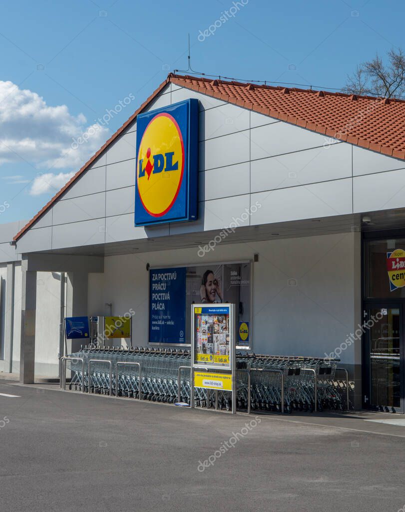 Nova Bana, Slovakia - March, 18 , 2022 : Lidl shop Sign. Brand logo. Lidl is a German international discount retailer chain that operates over 11,000 stores worldwide.