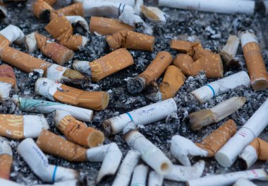 Büyük bir kül tablasında bir sürü sigara izmariti. Yığılmış sigara izmaritleri.