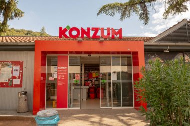 Moscenicka Draga, Croatia - August, 13, 2022 : Konzum supermarket. Konzum is Croatia's largest supermarket chain.