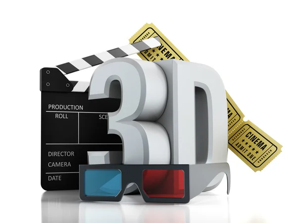 3D text, glasses, clapboard and cinema tickets — Stock Photo, Image