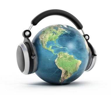 Headphones on blue globe