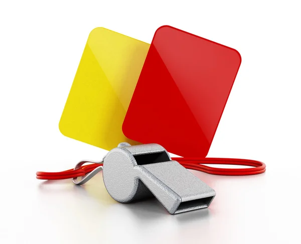 裁判哨声，黄色和红色的卡片 — 图库照片