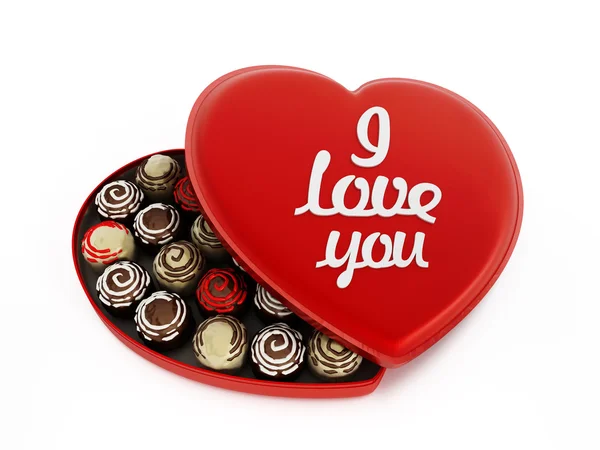Kalp şeklinde çikolata kutusu i aşk sen-e doğru metin — Stok fotoğraf