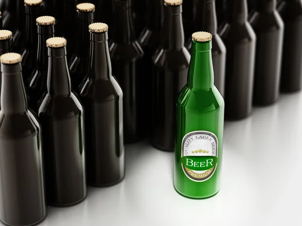 Garrafa Cerveja Verde Destaca Entre Garrafas Cerveja Preta Ilustração — Fotografia de Stock