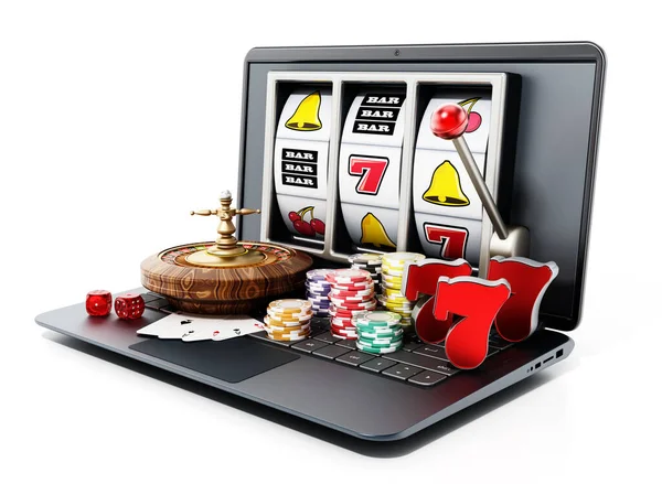 オンラインギャンブルの概念 ルーレットテーブル トランプ ラップトップコンピュータに立つカジノチップ 3Dイラスト — ストック写真