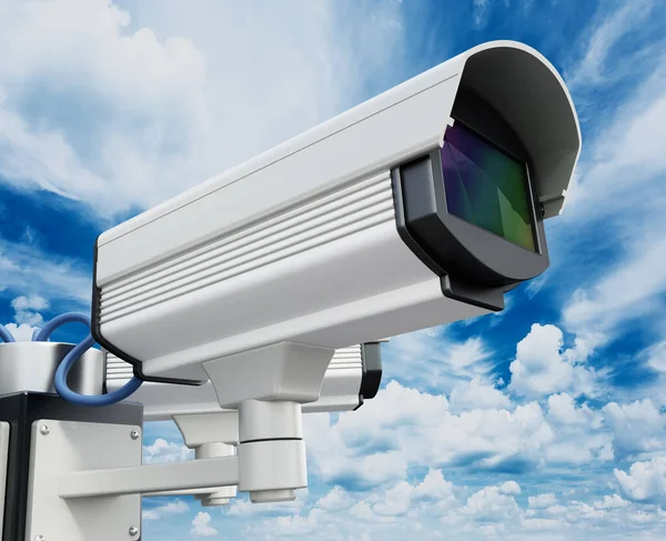 Beveiligingscamera Paal Blauwe Lucht Achtergrond Illustratie — Stockfoto
