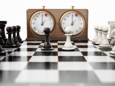 Tahta retro satranç saati ve satranç tahtası beyaz arka planda izole edilmiş. 3B illüstrasyon.