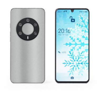 Kurgusal ekran arayüzü ve beyaz arka planda izole edilmiş kamera tasarımı olan genel akıllı telefon. 3B illüstrasyon.