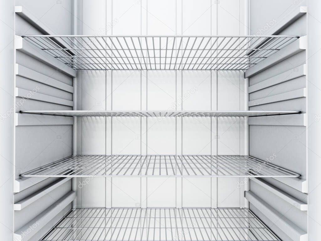 View of empty refrigerator interior. 3D illustration.