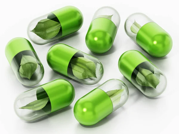 Groene Bladeren Capsule Pillen Illustratie — Stockfoto