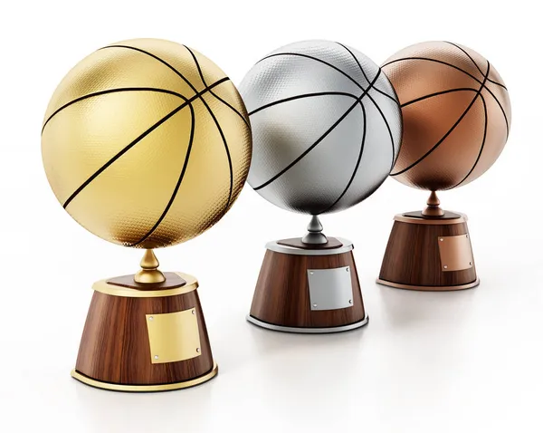 木製の台座の上に金 青銅のバスケットボール バスケットボール1位 3Dイラスト — ストック写真