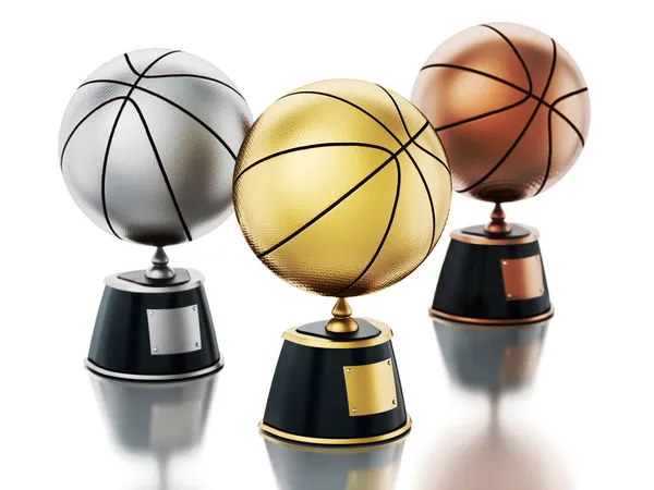 Goud Zilver Bronzen Basketballen Sokkels Basketbal Eerste Tweede Derde Plaats — Stockfoto
