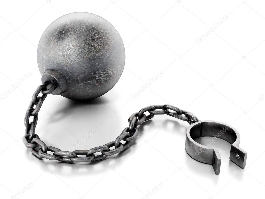 Ball and chain isolated on white background. 3D illustration.
