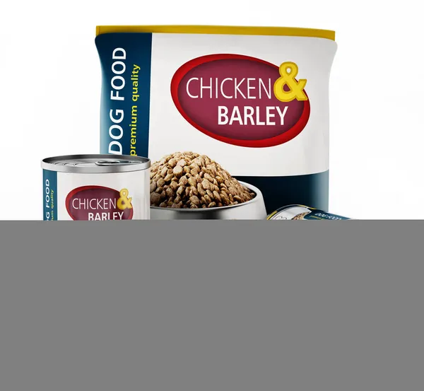 Dog food in generic cans and bag isolated on white background. 3D illustration.
