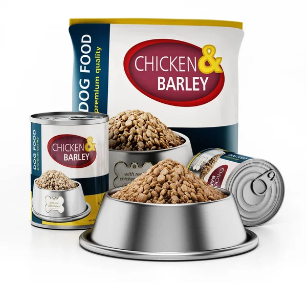 白地に隔離された一般的な缶や袋の中の犬の食べ物 3Dイラスト — ストック写真