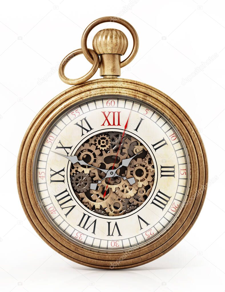 Antique pocket watch isolated on white background. 3D illustration.