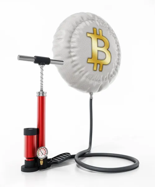 Bomba Manual Mano Infla Globo Con Símbolo Bitcoin Ilustración —  Fotos de Stock