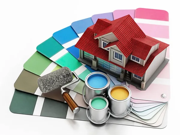 Color Pallette Guide House Model Paint Cans Paint Roller Illustration — Stock Photo, Image
