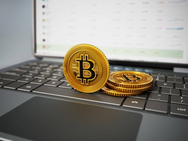 Dizüstü bilgisayarın klavyesinde duran şifreli bozuk paralar. 3B illüstrasyon.