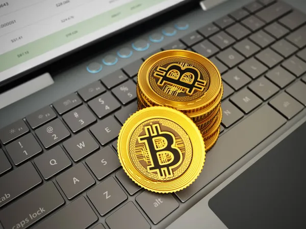 Generic Crypto Currency Coins Standing Laptop Computer Keyboard Ilustración —  Fotos de Stock