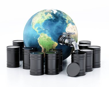 Gaz borularıyla oluşan musluk dünyanın içindeki ham petrolü emiyor. 3B illüstrasyon.