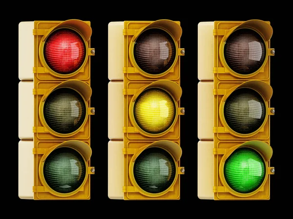 Semáforos Con Luces Rojas Amarillas Verdes Aisladas Sobre Fondo Negro — Foto de Stock