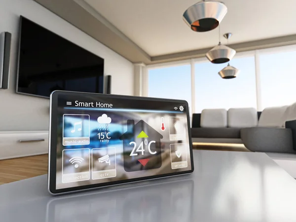Concepto Hogar Inteligente Tableta Con Controles Domésticos Inteligentes Pared Casa —  Fotos de Stock
