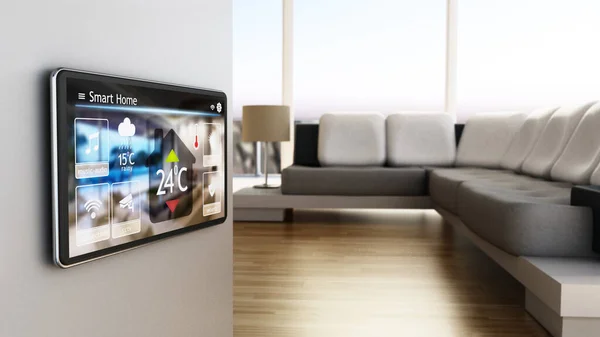 Έξυπνο Σπίτι Tablet Smart Home Controls Στον Τοίχο Του Σπιτιού — Φωτογραφία Αρχείου