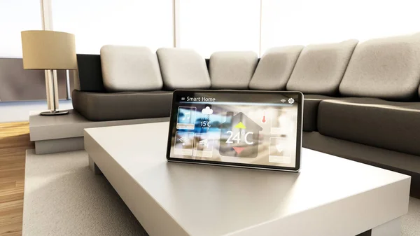 Concepto Hogar Inteligente Tableta Con Controles Domésticos Inteligentes Pared Casa — Foto de Stock