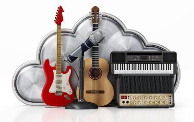 Müzik aletleri ve bulut şekli beyaz arka planda izole edilmiş. 3B illüstrasyon.