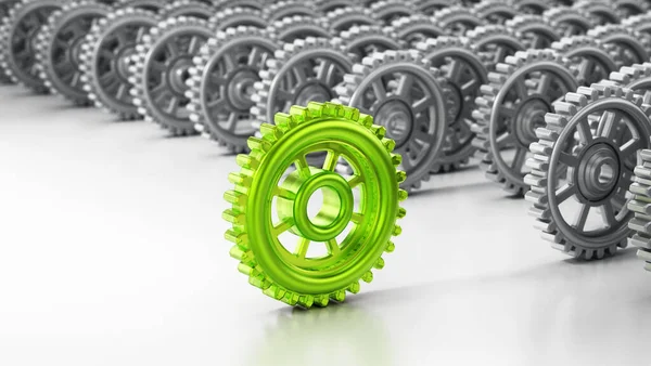 Red Gear Motion Stands Out Other Cogwheels Illustration — Stock Photo, Image