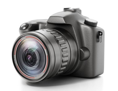 DSLR profesyonel kamerası beyaz arkaplanda izole edildi. 3B illüstrasyon.