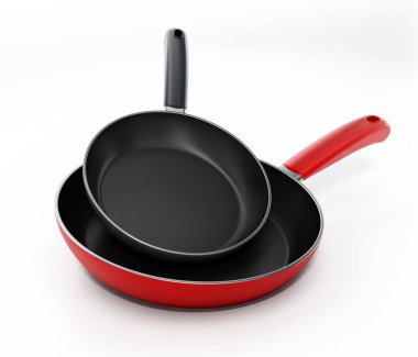 Kızartma tavaları beyaz arka planda izole edilmiş. 3B illüstrasyon.