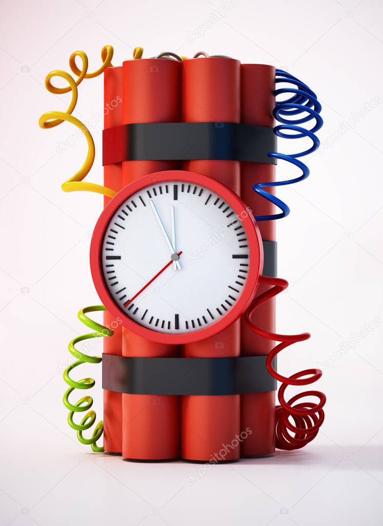 Dynamite clock pointing a few minutes to 12 o'clock. 3D illustration.