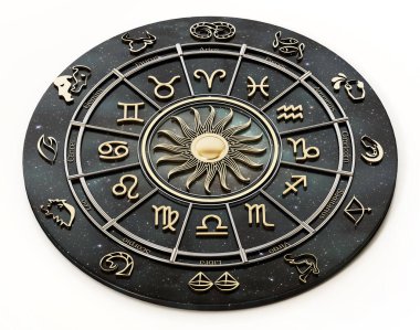 Zodiac burçları ve burç takımyıldızlarıyla dolu yıldız falı çarkı. 3B illüstrasyon.