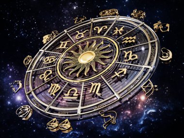 Zodiac burçları ve burç takımyıldızlarıyla dolu yıldız falı çarkı. 3B illüstrasyon.