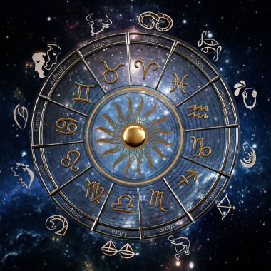 Zodiac burçları ve burç takımyıldızlarıyla dolu yıldız falı çarkı. 3B illüstrasyon.