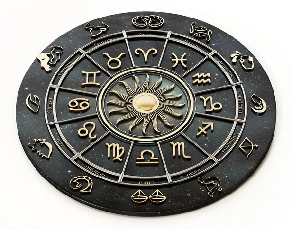 The horoscope wheel with Zodiac signs and constellations of the zodiac. 3D illustration.
