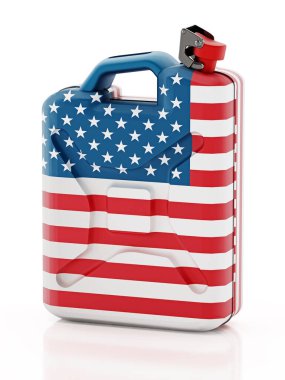Beyaz arka planda Amerikan bayrağı olan benzin bidonu. 3B illüstrasyon.