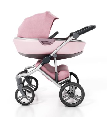 Beyaz arka planda izole edilmiş klasik bebek arabası. 3B illüstrasyon.