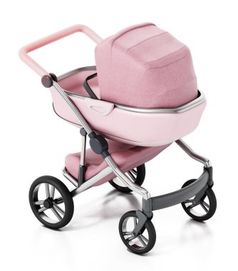 Beyaz arka planda izole edilmiş klasik bebek arabası. 3B illüstrasyon.