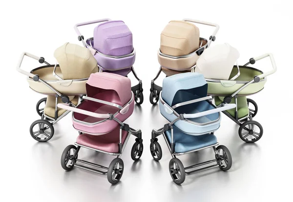 Group Vintage Baby Strollers Isolated White Background Illustration — Stockfoto