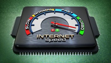 Yeşil PCB 'nin üzerinde duran bilgisayar çipindeki internet hızlı araması. 3B illüstrasyon.