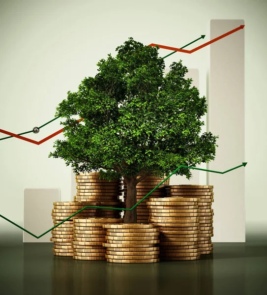 Satış grafiklerine karşı ağaç ve altın para yığını. 3B illüstrasyon.