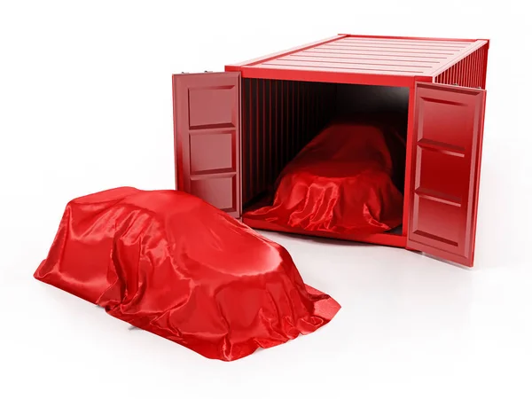 New Unloaded Cars Covered Red Clothes Shipping Container Isolated White — Stock Photo, Image