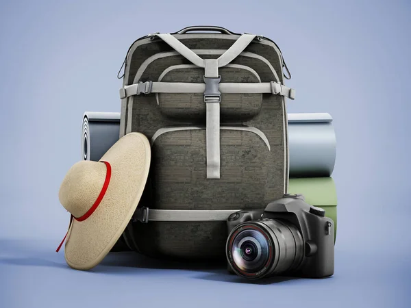 Traveller Backpack Hat Camera Sleeping Mats Illustration — Stock Fotó