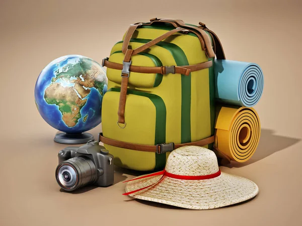 Traveller Backpack Hat Globe Camera Sleeping Mats Illustration — Stock Fotó