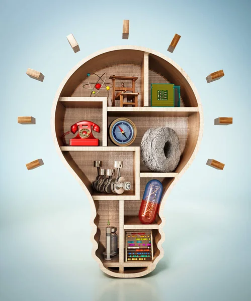 Objects Representing Important Inventions History Standing Lightbulb Shaped Shelves Illustration — Foto Stock